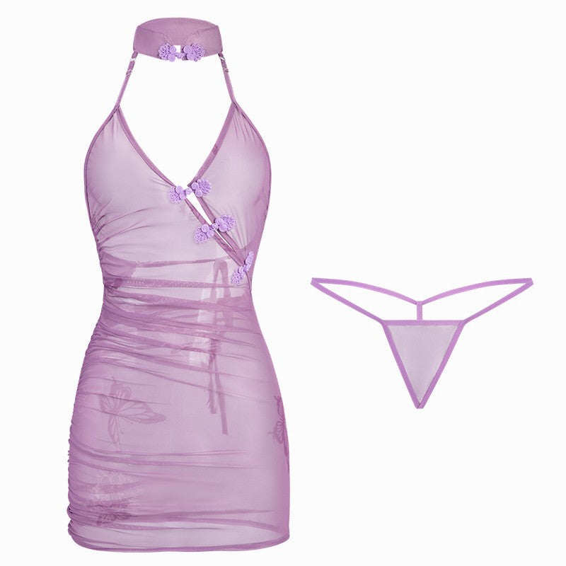 Image of Pure lust, erotic underwear, feminine sense, ancient style, butterfly love, flowers, see-through temptation, cheongsam, hip wrapping, tie uniform, nightdress set